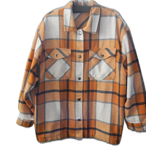 HFX Mens Flannel Shacket Shirt Jacket Sz Medium Button Snap Plaid Pockets Orange - Picture 2 of 5